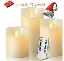 Set Of 3 Real Flameless Led Timer Remote Wax Pillar Ivory Mo